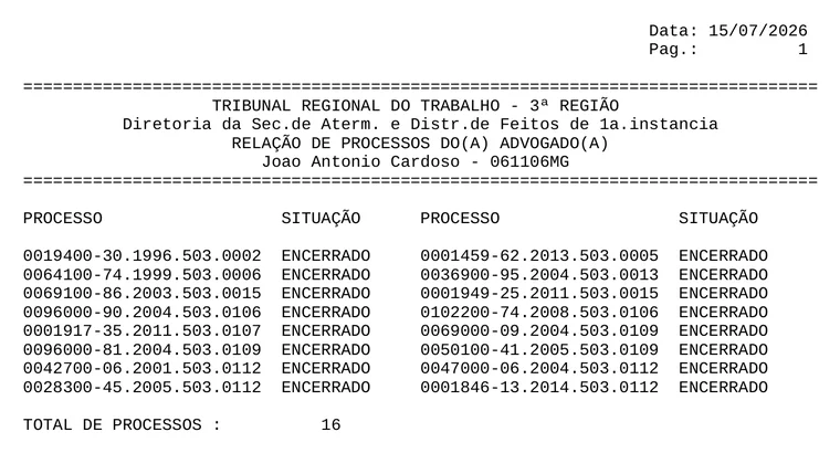 Relação de processos do advogado emitida pelo Tribunal Regional do Trabalho da 3ª Região