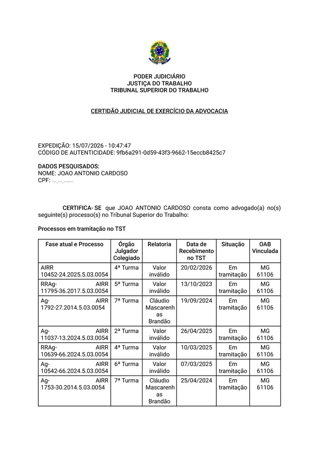 Primeira página da Certidão Judicial de Exercício da Advocacia emitida pelo Tribunal Superior do Trabalho